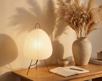 Japanese Rice Paper Lantern Lamp | Wabi Sabi Table Light | Japandi Desk Lamp | Minimalist Bedroom Night Light Gift