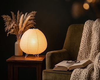 Noguchi Style Lamp | Japanese Rice Paper Lantern Light | Wabi Sabi Table Lamp | Japandi Zen Bedroom Decor Gift