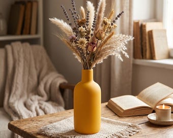 Yellow Ceramic Vase: Minimalist Nordic Bud Vase for Dried Flowers, Boho Table Decor