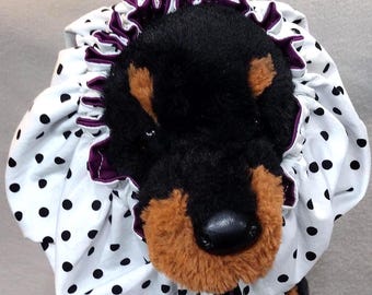 SMALL Water-resistant dog bath cap in black and white polka dots, dog grooming tool, dog bath cap, puppy grooming, dog ear protection.