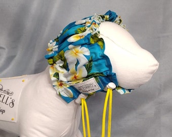 Mrs. Tyrrell's Dog bath cap with White Plumeria and Blue fabric for SMALL/MEDIUM sized dog heads, for dogs with short ears, food snood.