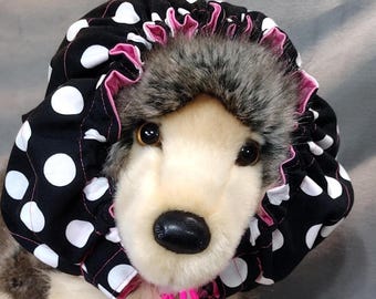 MEDIUM/LARGE Water-resistant Dog Bath Cap black and white polka dots with pink liner.