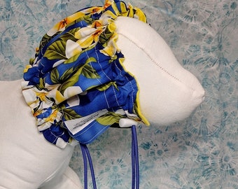 Small/Medium Water-resistant Dog Bath Cap: Blue Plumeria Print, fully adjustable.