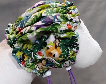 SMALL/MEDIUM Water-resistant dog bath cap in Purple Monkey, dog grooming tool, puppy grooming, dog ear protection.