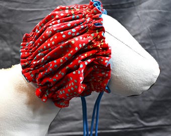 Small Dog Bath Cap: Waterproof Ear Protection, Red and teal spots, grooming cap, waterproof dog snood.