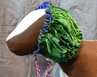 Small Dog Bath Cap, water-resistant, green circles with purple liner, dog shower cap, grooming cap for dogs.