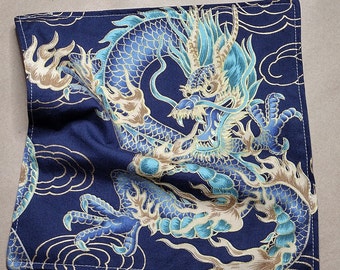 Cobalt Dragon handkerchief, everyday carry, women's handkerchief, men's large hanky with microfiber silk cleaning cloth.