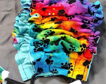 Extra Small Dog Bath Cap: Rainbow dog paws with teal water-resistant liner
