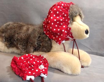 SMALL/MEDIUM water-resistant dog bath cap in red and white polka dots, dog grooming, dog ear protection.