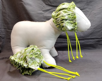 SMALL Water-resistant Dog Bath Cap in Spring Green Plaid, dog shower cap, grooming tool.