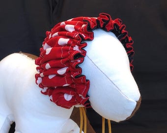 SMALL Water-resistant Dog Bath Cap in red and white polka dot with black liner.