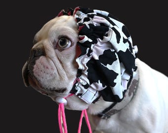 SMALL/MEDIUM Water-resistant dog bath cap in cow print, dog grooming tool, dog ear protection.