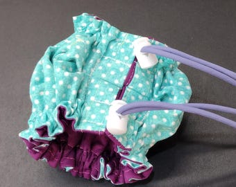 Small Dog Bath Cap in teal and white polka dot, water-resistant grooming accessory.