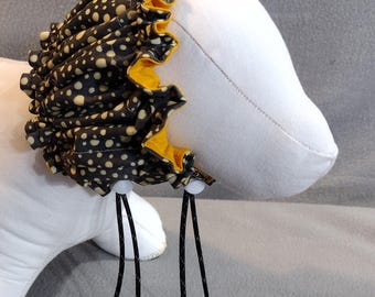 SMALL Water-resistant Dog Bath Cap in black and yellow polka dots, dog shower cap, grooming cap for dogs.