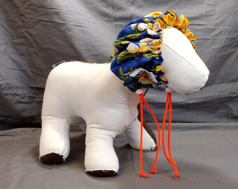 SMALL Water-resistant Dog Bath Cap ,blue Hawaiian print with orange liner, dog shower cap, grooming cap for dogs.