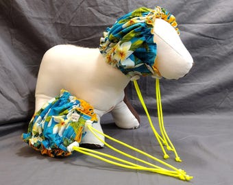 SMALL/MEDIUM water-resistant dog bath cap, in TEAL blue Hawaiian print with plumeria flowers, dog grooming cap, dog ear protection.