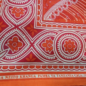 Stunning Bright Orange Traditional Khanga from East Africa, 1970s and Never Used, 42x60 Inches