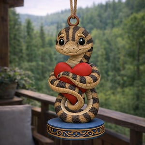 May include: A charming snake ornament holding a red heart, set on a blue base with gold detailing. The snake is brown and tan with black stripes. It hangs from a rope. The text at the bottom reads "STL FILE - DIGITAL DOWNLOAD."