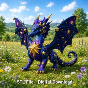 May include: A blue dragon figurine with purple accents, featuring gold star patterns on its wings and body, a large gold star on its chest, and gold spikes along its back and head. The text at the bottom reads: STL File - Digital Download.