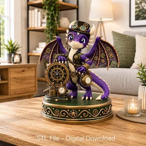 May include: A purple steampunk dragon figurine with gold accents, wearing a hat and goggles. The dragon holds a clock and a gear-shaped device. The base is green and gold, with the text "STL File - Digital Download".
