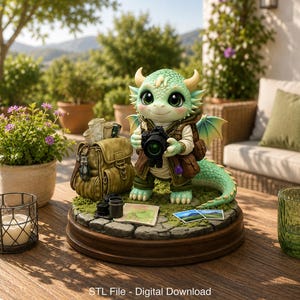 May include: A charming green dragon figurine holding a camera, with a backpack and maps. The dragon is on a round base with a wooden edge. The text "STL File - Digital Download" is at the bottom.