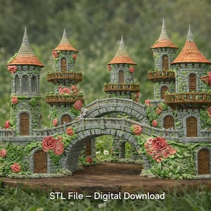 May include: A detailed miniature castle with multiple towers, a bridge, and decorative roses. The castle features gray stone walls, brown doors, and orange-tiled roofs. Green foliage and pink roses adorn the structure, set against a blurred green background.