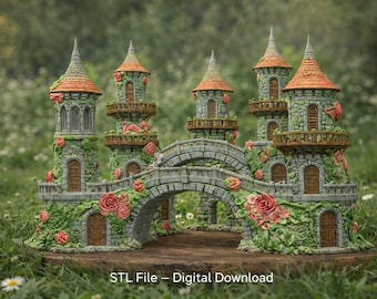 Enchanted Rose Castle Bridge Cottage STL File for 3D Printing
