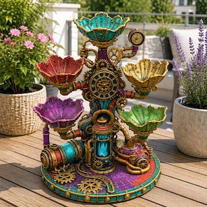 Può includere: Una scultura decorativa a più livelli ispirata allo steampunk, dotata di un meccanismo a orologio centrale, ingranaggi dorati e cinque ciotole colorate a forma di conchiglia in turchese, rosso, viola, giallo e verde, su una base circolare.