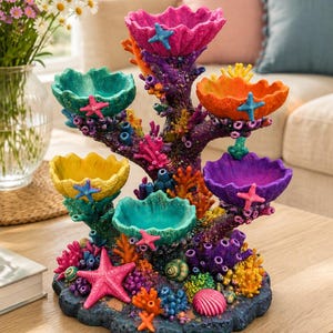 Può includere: Un espositore a più livelli a forma di barriera corallina con cinque sezioni a forma di ciotola nei colori rosa, verde acqua, arancione, giallo e viola. La struttura è decorata con piccole stelle marine, conchiglie e coralli. Testo: STL File - Digital Download.