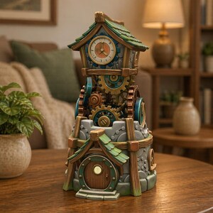 Puede incluir: Una figurita de torre del reloj caprichosa con un diseño detallado. La torre presenta una esfera de reloj, engranajes visibles y una pequeña puerta. La paleta de colores incluye tonos de verde, marrón, gris y dorado. El texto "STL File - Digital Download" está en la parte inferior.