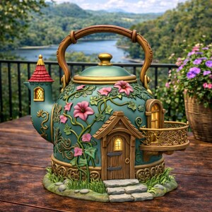 May include: A teal teapot-shaped fairy house with a wooden door, balcony, and a small tower with a red roof. Pink flowers and green vines decorate the teapot. The handle and spout are brown. The text "STL FILE - DIGITAL DOWNLOAD" is at the bottom.