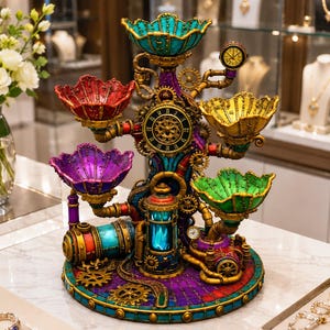 May include: A multi-tiered display stand featuring five scalloped bowls in turquoise, red, yellow, purple, and green. The structure includes gold-toned gears, pipes, a central clock face, and a glowing blue cylinder. Text reads: STL File - Digital Download.
