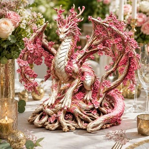 May include: A dragon figurine featuring a cream-coloured body with textured scales and large wings adorned with pink cherry blossom flowers. The dragon is perched upon a base of gnarled, root-like structures. Text at the bottom reads: STL File - Digital Download.