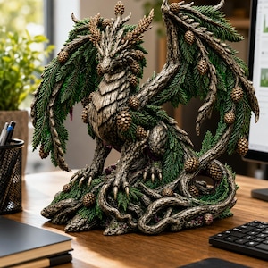 May include: A dragon figurine featuring a textured bark-like body, green pine needle wings, and numerous brown pinecones. The creature is depicted in a seated position with intricate wood-grain details. The text reads: STL File - Digital Download.