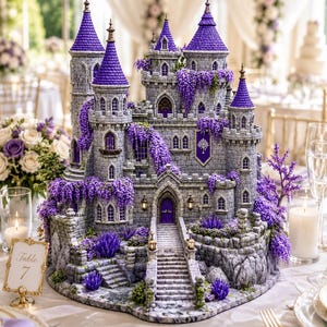 May include: A detailed stone castle model featuring multiple towers with purple conical roofs, arched windows, and a central staircase. The structure is adorned with cascading purple wisteria flowers and a purple banner with a white tree emblem.