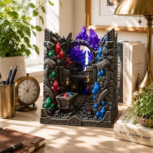 Peut inclure: Un insert de serre-livres imprimé en 3D représentant une entrée de mine en pierre gris foncé avec un wagonnet rempli de cristaux colorés, agrémenté de grappes de cristaux rouges, verts et bleus, et une arche de cristaux violets. Texte : STL File - Digital Download.