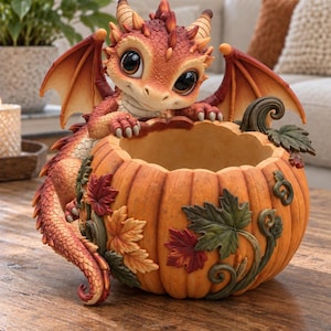May include: A decorative orange pumpkin bowl featuring a sculpted red and orange dragon perched on the rim. The pumpkin is adorned with textured green and red autumn leaves and vines. The text at the bottom reads STL File - Digital Download.
