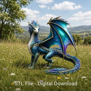 May include: A digital 3D model of a dragon with iridescent blue and purple scales, a white underbelly, and large, translucent wings with gold-toned edges. The text "STL File - Digital Download" is printed at the bottom of the image.