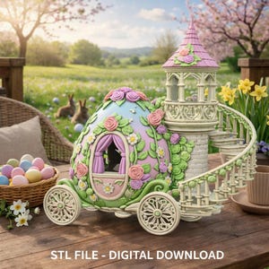 May include: A decorative Easter egg carriage in pastel colours, featuring a tower and floral embellishments. The carriage has detailed wheels and a window with curtains. The text "STL FILE - DIGITAL DOWNLOAD" is visible at the bottom.