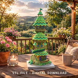 Puede incluir: Una caprichosa casa de hadas verde y amarilla con una escalera de caracol y un techo en forma de hoja. La casa está sobre una base blanca, con el texto "STL FILE - DIGITAL DOWNLOAD" en la parte inferior. La escena está ambientada al aire libre sobre una mesa de madera.