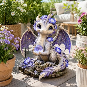 Peut inclure: Une figurine de dragon aux tons clairs avec de grands yeux sombres, des ailes violettes ornées d'étoiles et de lunes dorées, et des fleurs de gloire du matin bleues. Le dragon tient un orbe violet brillant sur un socle rocheux. Texte : STL File - Digital Download.