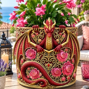 May include: A cylindrical red and gold planter featuring a sculpted dragon with outstretched wings and a long tail, decorated with relief-carved pink flowers and intricate scrollwork. The text "STL File - Digital Download" is at the bottom.