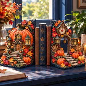 Puede incluir: Un par de sujetalibros decorativos con una casa en forma de calabaza y una torre de reloj arqueada, adornados con hojas de otoño, calabazas y escalones de piedra. Tres libros se sitúan entre ellos. Texto: STL File - Digital Download.