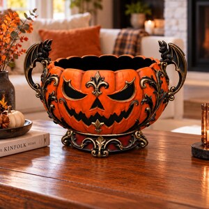 Puede incluir: Un cuenco naranja con forma de calabaza y cara de jack-o'-lantern tallada, con detalles de filigrana negra, dos asas con forma de murciélago y una base decorativa. El texto "STL File - Digital Download" aparece en la parte inferior.
