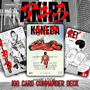 May include: A 100-card Commander deck featuring artwork from the anime film Akira. The cards display illustrations of characters and vehicles, with the title "Akira" in red Japanese characters. The deck includes cards with text and numbers.