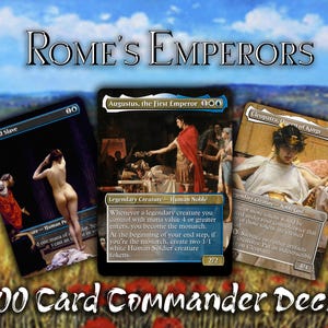 May include: A 100-card Commander deck featuring three trading cards with Roman Empire themes. The cards depict "Prized Slave", "Augustus, the first Emperor", and "Cleopatra, Queen of Kings". The title "Rome's Emperors" is displayed at the top.