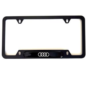 Audi License Plate Frame with Four Rings Emblem | Matte Black Metal