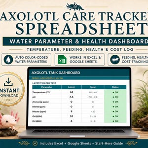 May include: An axolotl care tracker spreadsheet displayed on a laptop screen, featuring a water parameter and health dashboard. The interface includes columns for temperature, pH, ammonia, nitrite, nitrate, GH, and KH with status indicators.