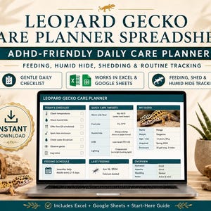 Può includere: Un foglio di calcolo digitale per la cura del geco leopardo visualizzato su uno schermo di un portatile. L'interfaccia include sezioni per una lista di controllo giornaliera, un programma di alimentazione e un profilo del geco. Il testo include "Leopard Gecko Care Planner Spreadsheet" e "ADHD-Friendly Daily Care Planner".