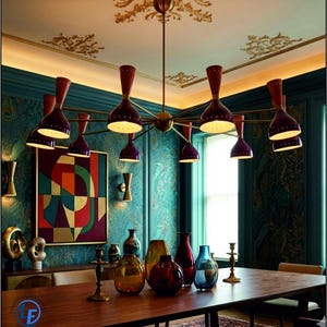 May include: A modern dining room featuring a large, dark wood table with various glass vases and candle holders. Above, a stylish chandelier with burgundy and gold accents hangs from the ceiling. The walls are teal with a geometric painting and decorative sconces.